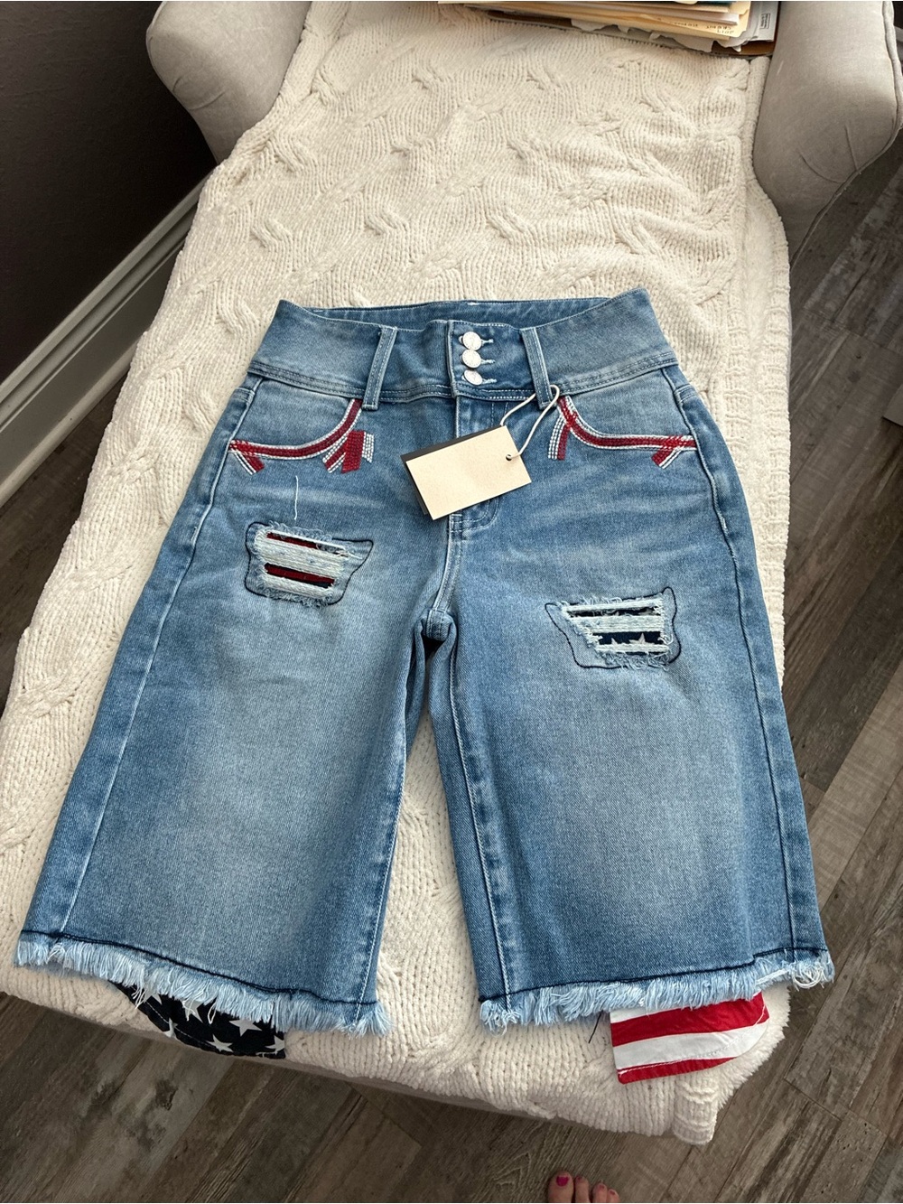 Flamingals  Light Blue Denim Bermuda Shorts with Distressed Details